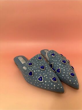 Cape Robbin Denim Blue Jeweled Pointed Toe Mules Heels